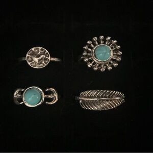 New x4 Silver Tone Ring Synthetic Turquoise Moon Heart Boho Fashion Set Size 5/6